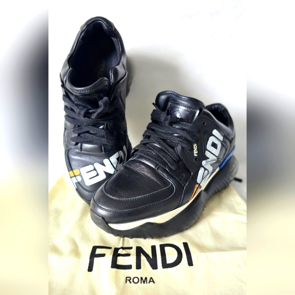 ❤️ Authentic Fendi X Fila Black Leather Fila Mania Platform Sneakers 👟